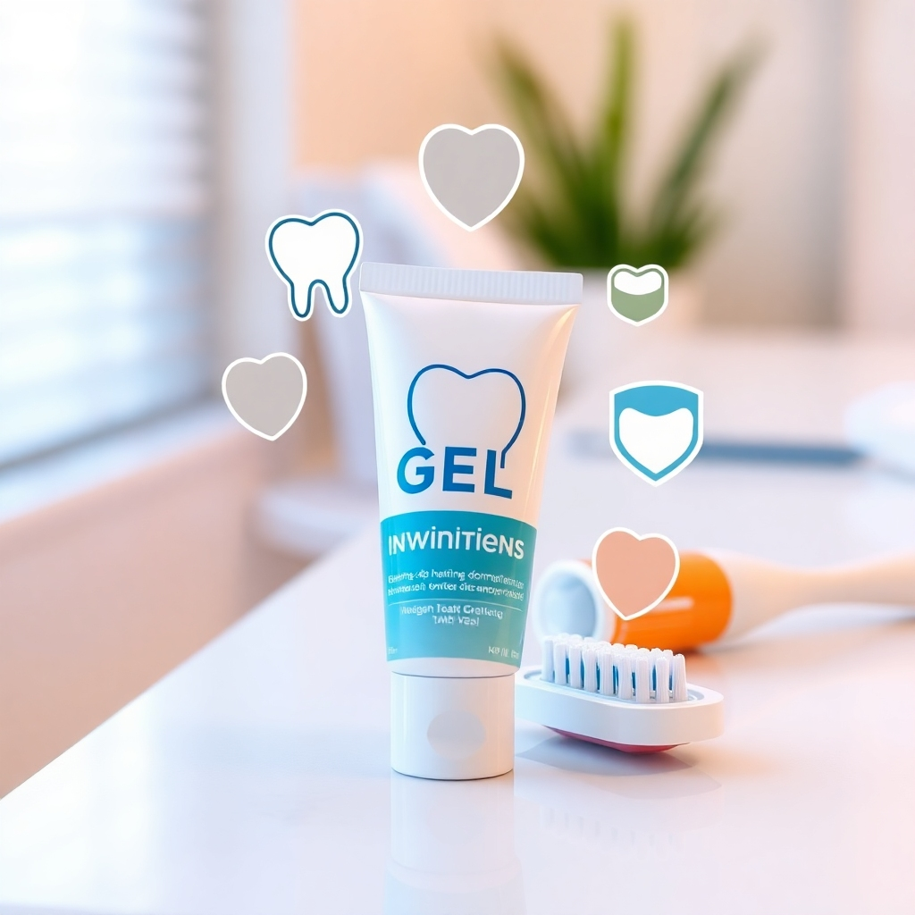 An illustrated close-up of the whitening gel tube with ingredients highlighted around it, featuring dental care symbols like teeth and shields, all set on a white countertop with a toothbrush and toothpaste, reflecting a clean and safe dental environment.