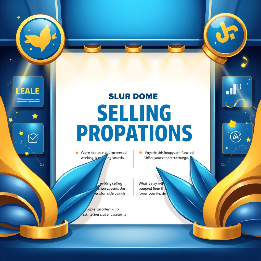 An illustration focusing on unique selling propositions displayed prominently on a sales page layout, framed by visually appealing graphics that define brand identity. The setting is energetic and modern, with colors like blue and gold to symbolize uniqueness and value. Textures are smooth and stylish.