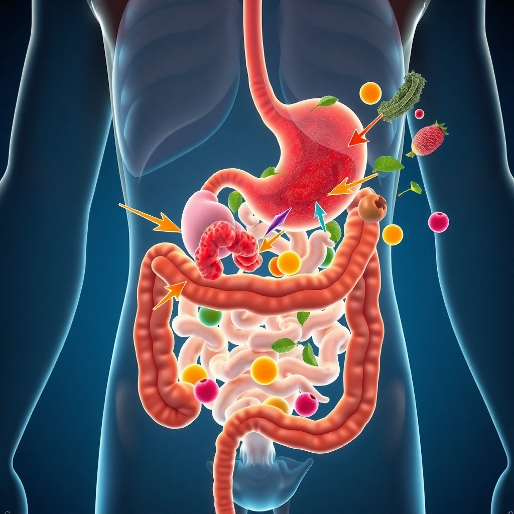 An illustration of a human digestive system, highlighting the stomach and intestines, with animated arrows showing the breakdown of food and bacteria working together, overlaid with colorful fruits and vegetables to symbolize healthy digestion.