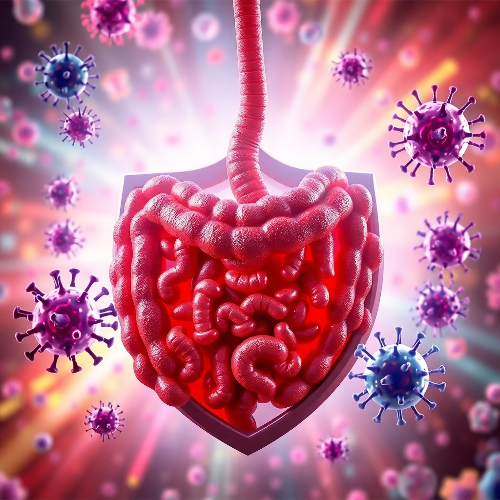 An illustration of a strong, shield-like representation of a gut with various friendly bacteria surrounding it, symbolizing immunity. The background should be bright and vibrant, conveying energy and health, with abstract representations of viruses being held at bay.