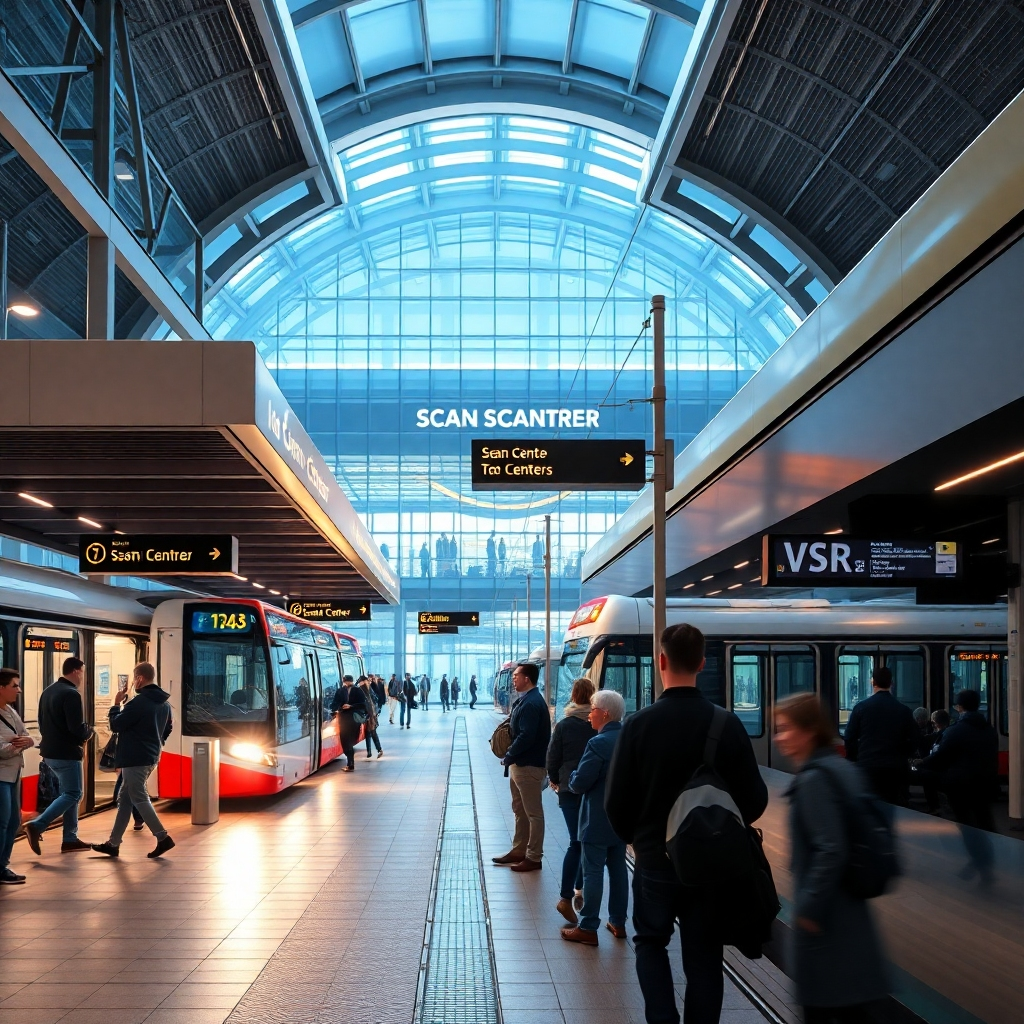 An image depicting a busy bus and train station close to the diagnostic scan center. People are seen waiting for buses and trains, with the modern scan center visible in the background. Bright signage indicates directions to the facility, highlighting accessibility.