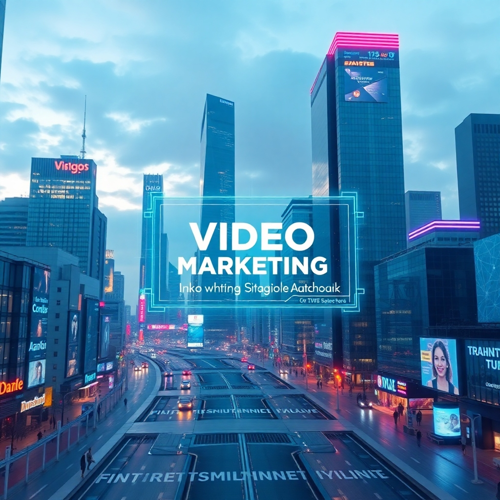 An image featuring a futuristic cityscape, with holographic displays showing AI-driven video marketing strategies. Modern and advanced feel.