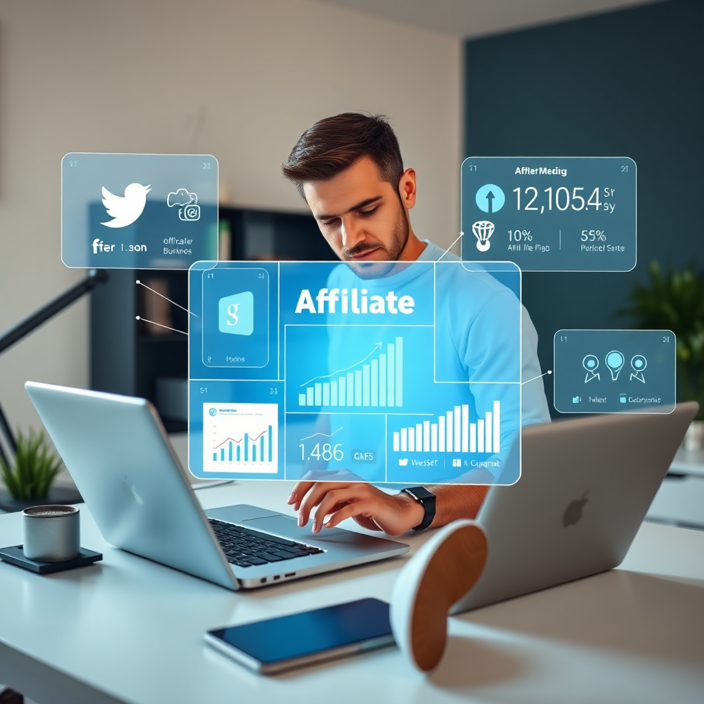 An image featuring an affiliate marketer casually working on a laptop, surrounded by holographic displays showing various social media platforms and affiliate marketing metrics, all automated. The scene is set in a modern, minimalist home office. The color palette consists of cool blues and greens. The camera angle is slightly above the desk, showcasing the ease of managing multiple channels.