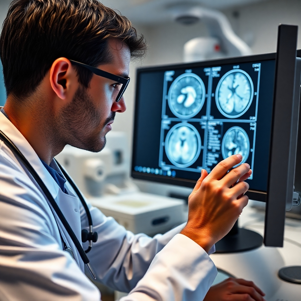 An image of a healthcare professional intently reviewing MRI scans on a computer screen, highlighting the precision of diagnostics. The setting is a high-tech medical office, equipped with advanced imaging displays and diagnostic tools.
