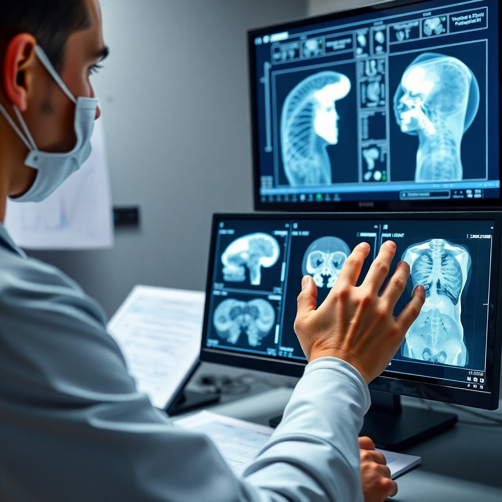 An image showcasing a healthcare professional analyzing detailed medical imaging results on a computer screen. Include close-ups of the images showing high-resolution scans, reflecting precision in diagnosing medical conditions, with notes and charts in the background.