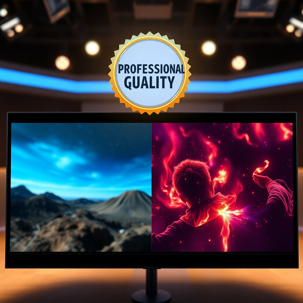 An impressive split-screen showing two videos side by side: one poorly made with grainy visuals and the other showcasing vibrant colors and sharp clarity. Above the videos, there's a glowing badge that says 'Professional Quality'. The background should hint at a digital studio environment.