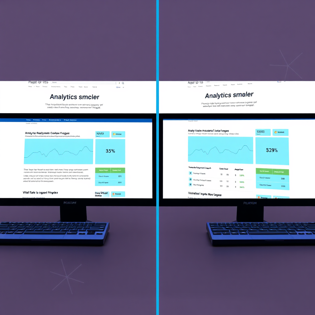 An informative image depicting two versions of a landing page side by side on screens, with analytics data showing performance comparisons. The lighting is bright, highlighting the differences in content and layout. The textures are modern and graphic, illustrating a scientific approach to page optimization.