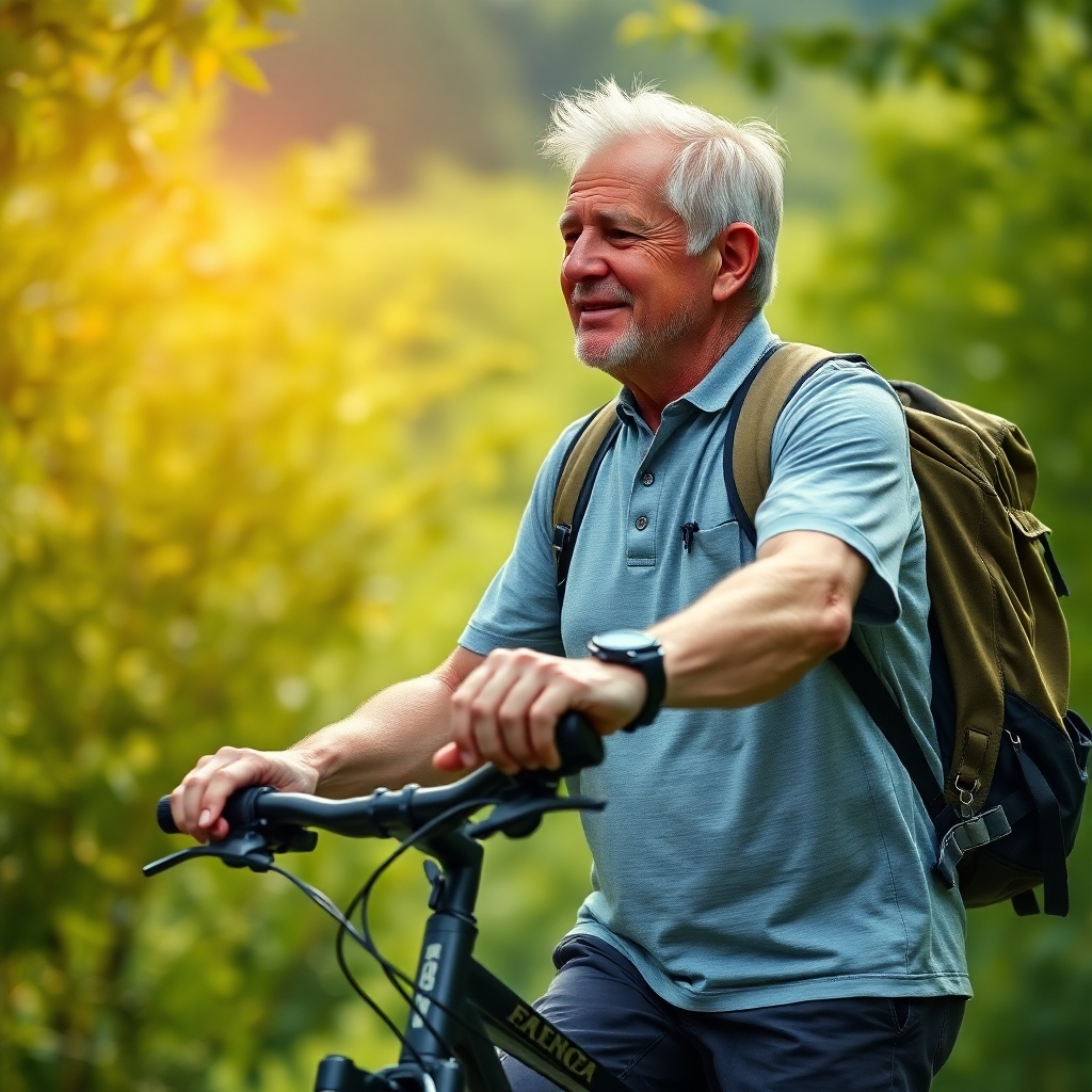 An older man engaging in outdoor activities, like hiking or cycling, showcasing vitality and health. The scene should include lush green nature, suggesting longevity and well-being, with a subtle illustration of hormone balance in the background.
