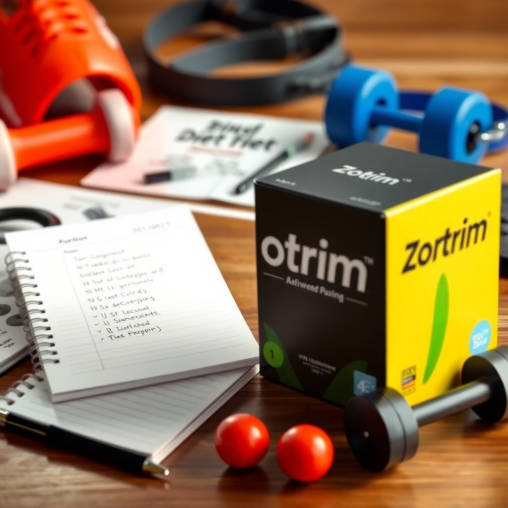 An organized fitness workspace featuring workout gear, a notebook with a diet plan, and a Zotrim box prominently displayed. The scene conveys a structured approach to health and fitness, emphasizing simplicity and effectiveness.