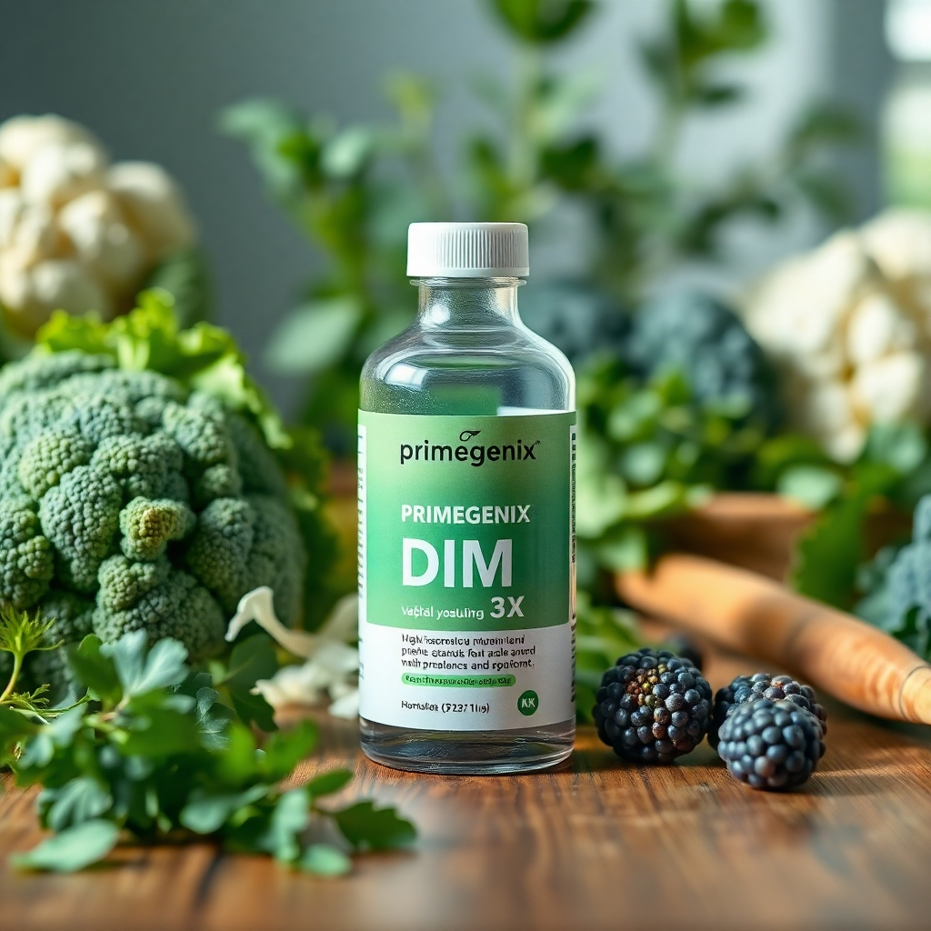 Close-up of a bottle of Primegenix Dim 3x on a wooden table, surrounded by fresh herbal ingredients like broccoli, cauliflower, and other greens. The setting should be bright and inviting, suggesting natural health and wellness.