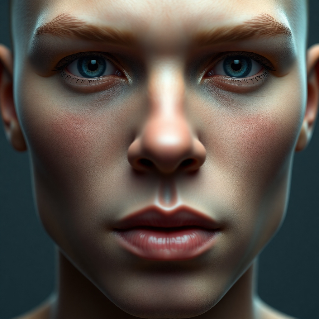 Close-up, photorealistic image of an AI avatar, showcasing incredibly detailed facial features, realistic skin texture, and natural expressions. High-quality image with soft lighting.