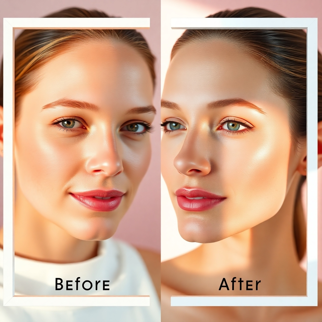 Compose a compelling side-by-side comparison of before-and-after images that illustrate the transformative effects of XYZ Smart Collagen anti-aging skin cream. The left side features a subtle before image with natural lighting showcasing minimal skin issues; the right side reveals a radiant after image, boasting enhanced skin smoothness and vitality, captured under bright, clear lighting. Both images should be framed in matching minimalist white frames to maintain focus on the results. The color palette leans towards clean whites and bright tones to evoke a sense of clarity and freshness. Capture the images in an intricate and engaging layout, positioned against a soft pastel backdrop to maintain attention on the skin improvements. Aim for an ultra-detailed, hyperrealistic style in 8K resolution that accentuates the changes in texture and luminosity.