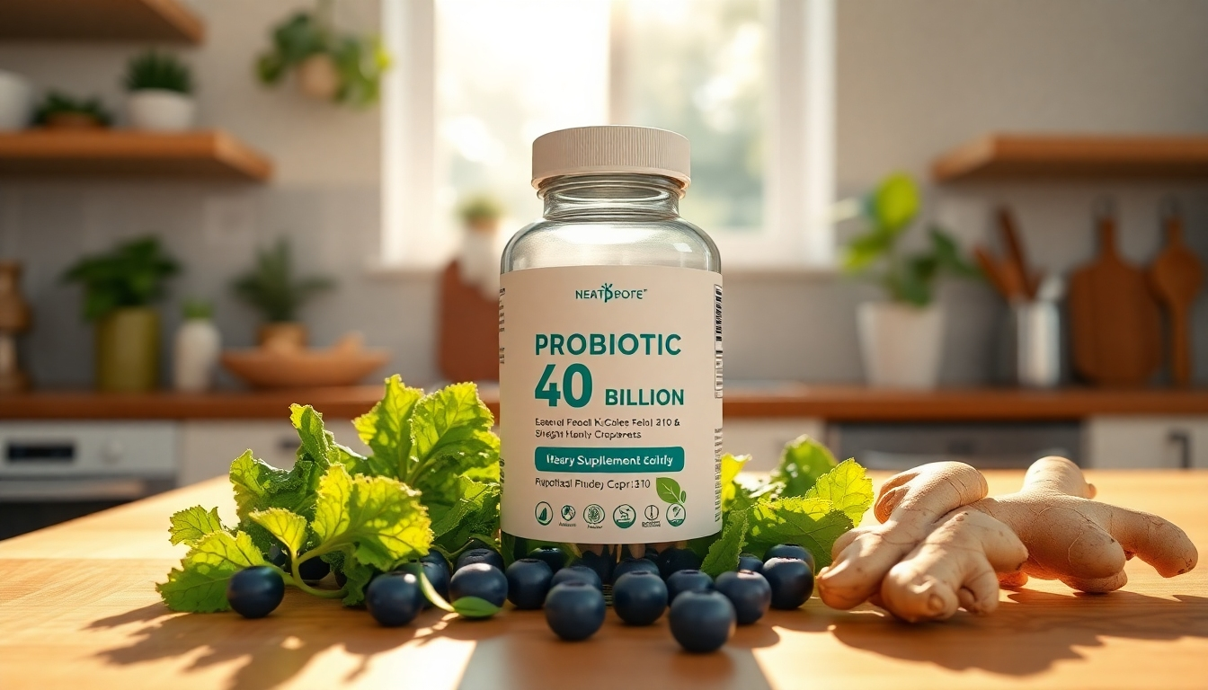 Create a photorealistic and ultra-high quality header image featuring a bottle of Probiotic 40 Billion supplements, prominently placed on a clean, bright wooden kitchen counter. The bottle should be adorned with fresh ingredients such as green kale, vibrant blueberries, and cheerful ginger root strategically arranged around it, symbolizing health and vitality. The lighting should be soft, natural sunlight pouring through a nearby window to create warm highlights and gentle shadows, evoking a cozy home environment. The color palette should include fresh greens, deep blues, and warm earth tones to promote a sense of health and tranquility. The camera angle should be at eye level, providing a direct view of the product and its surrounding elements. Include textures such as the smooth glass of the supplement bottle, the matte finish of the wooden counter, and the roughness of the ginger root. The background should suggest a subtle kitchen setting with hints of plants and cooking tools, enhancing the theme of natural health. Aim for a hyperrealistic style in 8K resolution for maximum clarity and detail., ultra high resolution, photorealistic, 8K, hyperdetailed, cinematic lighting