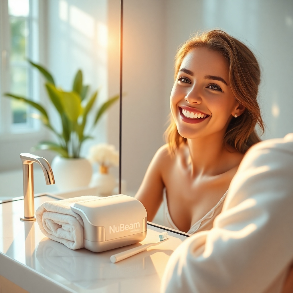 Create a photorealistic header image that showcases a luxurious, modern bathroom setting where a young adult confidently admires their bright smile in the mirror. The composition should include the NuBeam teeth whitening kit elegantly positioned on the countertop, alongside a soft, fluffy towel and a stylish toothbrush set. The lighting should be warm and inviting, simulating natural sunlight streaming in through a window, creating a glow that highlights the sparkle of the smile. Use a vibrant color palette featuring whites, soft blues, and hints of gold to evoke a fresh, clean, and upscale mood. The camera angle should be slightly above eye level for a flattering perspective, focusing on the subject's face and the reflective surface of the bathroom mirror. Textures should include a sleek, polished countertop, a soft towel, and glossy surfaces. Incorporate some green plants or flowers in the background for a touch of freshness, evoking a spa-like atmosphere. The style should reference modern product photography, emphasizing hyperrealism, and the final image needs to be rendered in 8K resolution to capture every intricate detail., ultra high resolution, photorealistic, 8K, hyperdetailed, cinematic lighting