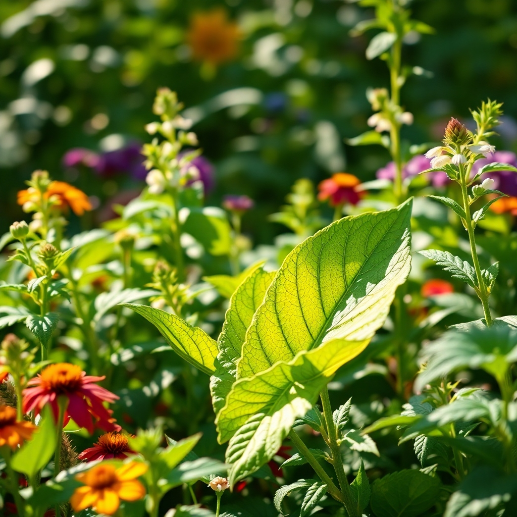 Create a photorealistic image of a vibrant botanical garden showcasing a variety of herbal plants, with a focal point on large green leaves labeled 'DIM'. Include sunlight filtering through the foliage, with a soft focus on the background to evoke a natural mood.