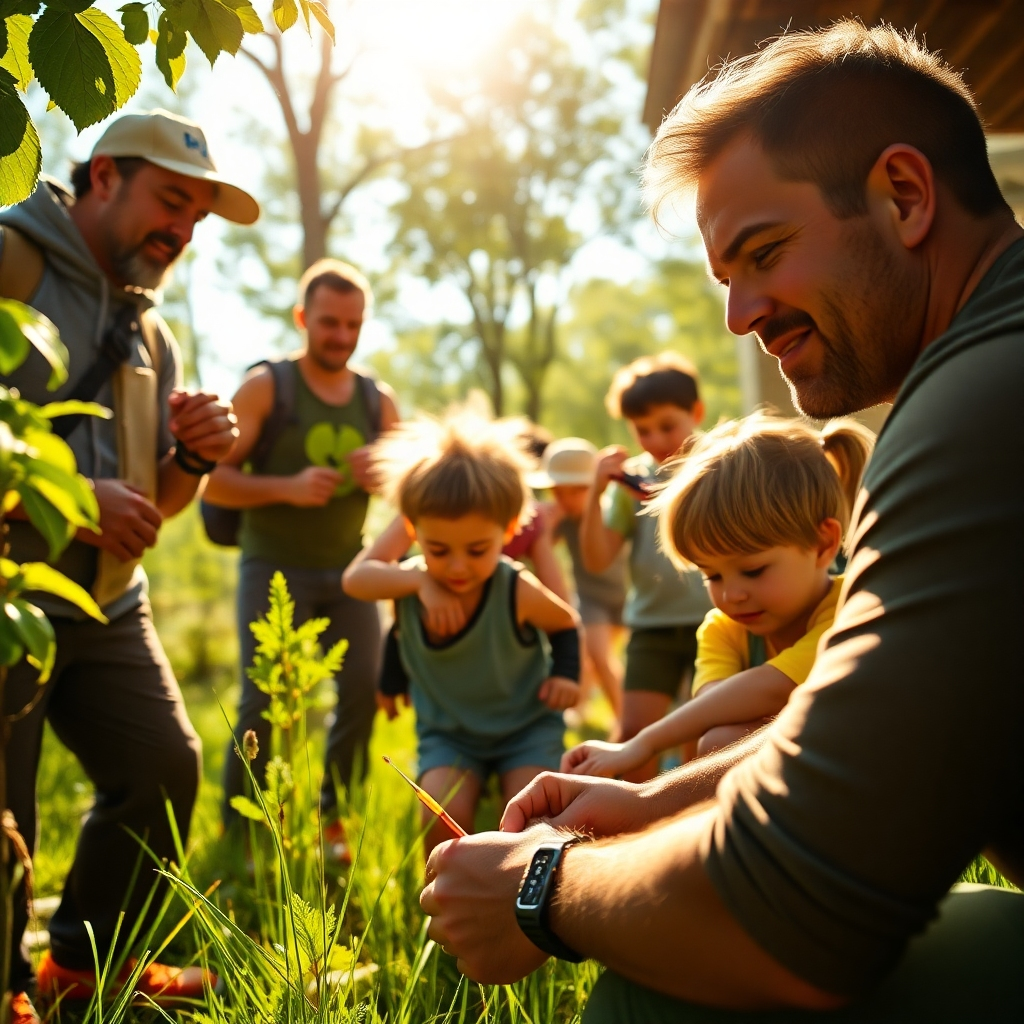 Create a photorealistic image representing the core values of Testogen: vitality, strength, and natural health. The image should feature a diverse group of men, aged 30-60, engaged in various activities: hiking, playing with children, working on projects, and exercising. The lighting should be natural and warm, suggesting a sunny day. The color palette should be vibrant and healthy, with greens, blues, and oranges dominating. The camera angle should be medium, capturing the subjects in a realistic and approachable way. Texture details should include natural elements like leaves, grass, and skin texture. The environment is a mix of outdoor and indoor settings, showcasing a balanced and active lifestyle. Style: Naturalistic photography with a focus on authenticity. Technical specs: 4K resolution, high quality, depth of field.