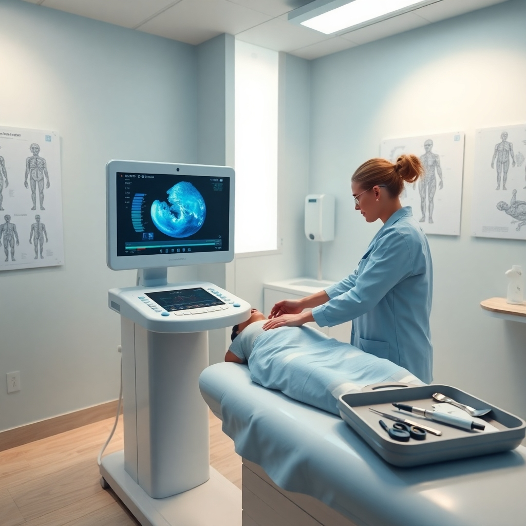 Create a photorealistic scene of a modern ultrasound exam room, featuring a sleek, high-tech ultrasound machine displaying vibrant, colorful images on its screen. Soft diffused lighting enhances the soothing atmosphere. The color palette should be calming, with pastel blues and whites dominating the scene. Position the camera at a slightly elevated angle to capture both the machine and an attentive technician, gently guiding a transducer over a patient’s abdomen. Incorporate lifelike textures like the smooth, glossy surface of the ultrasound machine and the soft fabric of the exam table. Include clinical elements such as anatomical charts on the walls and sterile instruments on a nearby tray. Reference the style of Edward Burtynsky for its focus on detail and clarity. Aim for 8K resolution, hyperrealistic and ultra-detailed quality.