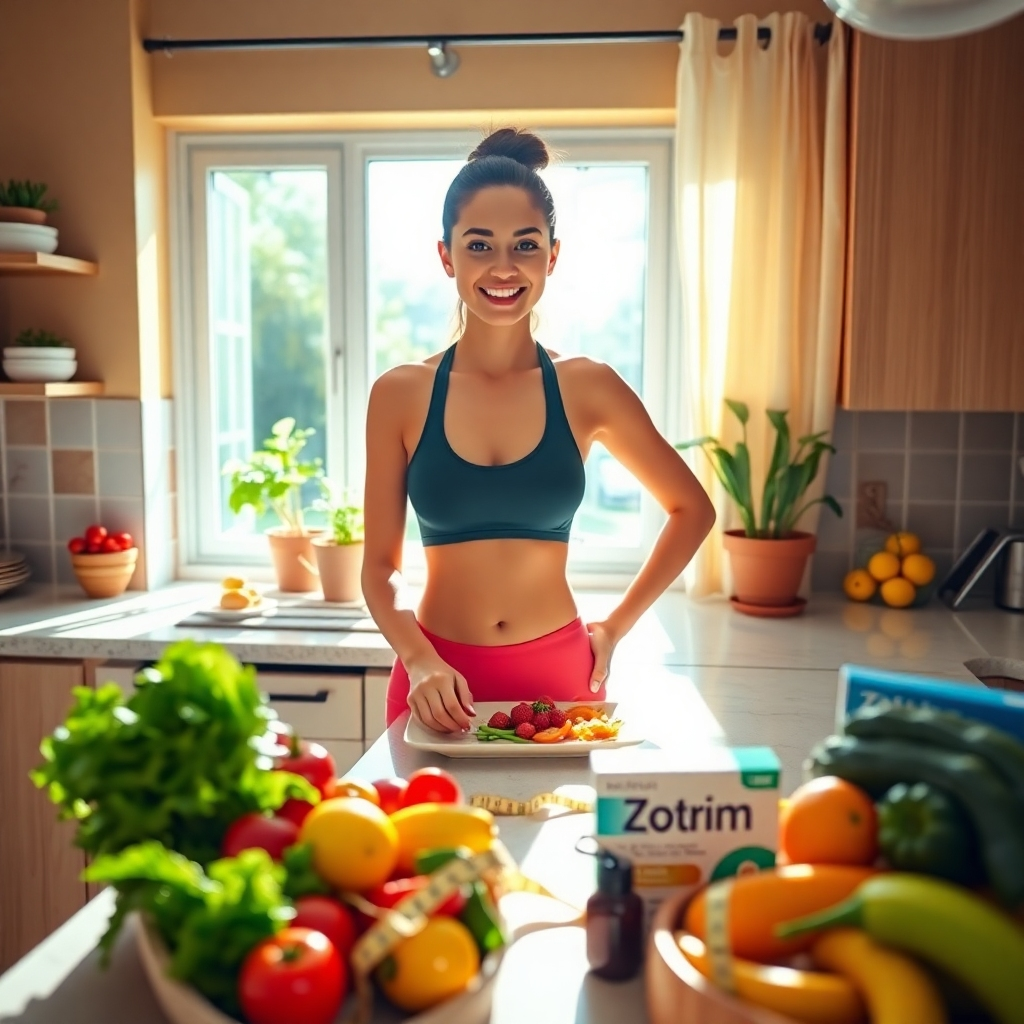 Create a photorealistic, ultra-high quality header image depicting a serene kitchen scene that embodies health and wellness. The composition features a slim, confident woman in athletic wear, joyfully preparing a healthy meal at a sunlit kitchen countertop. Natural light streams in through a window, highlighting fresh fruits and vegetables around her. The color palette is vibrant and uplifting, with fresh greens, bright reds, and sunny yellows that evoke energy and vitality. The camera angle is slightly above eye-level, focusing on the woman and the colorful array of food while capturing the warm atmosphere of the kitchen. Textures include the smoothness of the vegetables and the gleam of the countertop. Environmental elements such as potted herbs on the windowsill and a light, airy curtain fluttering softly in the breeze add depth and liveliness. Incorporate subtle props like a measuring tape and a Zotrim product box nearby, suggesting weight management. The overall style is clean and modern, reminiscent of a lifestyle magazine, with technical specifications of 8K resolution and hyperrealistic detailing., ultra high resolution, photorealistic, 8K, hyperdetailed, cinematic lighting