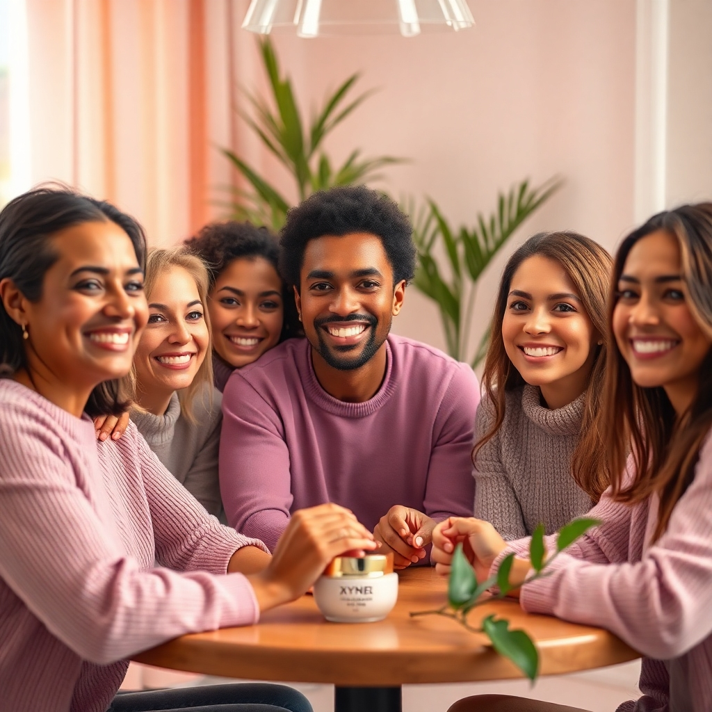 Create a warm, inviting scene that showcases a diverse group of individuals happily sharing their testimonials about XYZ Smart Collagen anti-aging skin cream. The composition features close-up shots of their radiant skin, illuminated by soft diffused lighting that highlights the cream’s hydrating effects. A soothing color palette of soft pastels, predominantly blush pink and gentle lavender, evokes a feeling of calm and positivity. Capture the individuals seated at a cozy round table, each holding the cream jar, their expressions reflecting satisfaction and joy. The camera angle should be slightly above eye level, offering a straightforward view of the group, with a shallow depth of field to softly blur the background. Incorporate gentle green plant life to emphasize a natural, rejuvenating ambiance. The image should be hyperrealistic, ultra-detailed, and in 8K resolution, ensuring textures of skin and cream are vividly portrayed.
