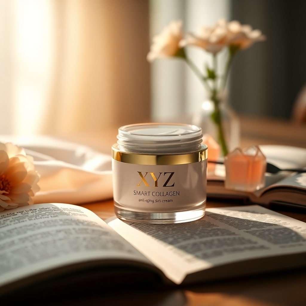 Design an informative layout featuring a luxurious display of XYZ Smart Collagen anti-aging skin cream prominently placed at the center. Use dramatic side lighting that casts gentle shadows, revealing the sleek packaging in an elegant glass jar. The color palette should include soft golds and creams, creating a sophisticated yet inviting mood. The camera angle should be a low-angle shot, emphasizing the product's stature and importance, with a blurred backdrop of natural elements like soft fabric and a wooden table surface, adding warmth. Include surrounding props such as fresh flowers and an open book with written reviews to enhance the atmosphere of indulgence. Ensure the image is ultra-detailed and hyperrealistic, showcasing the beautiful textures of the cream and the product's luxurious presentation in 8K resolution.