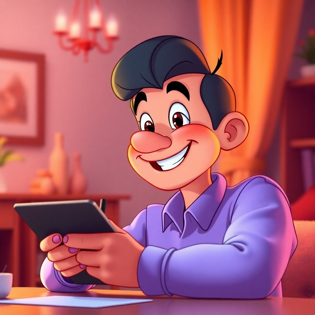 A person smiling while effortlessly using a tablet to generate content via Inkflow. Soft, warm lighting. High-quality 4K resolution. Focus on the user experience and ease of use.