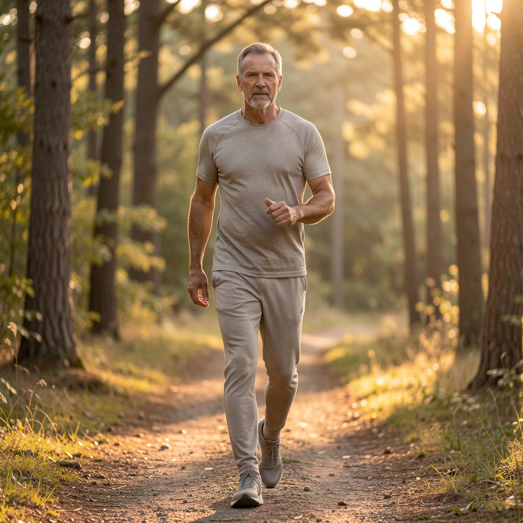 Active middle-aged man walking outdoors