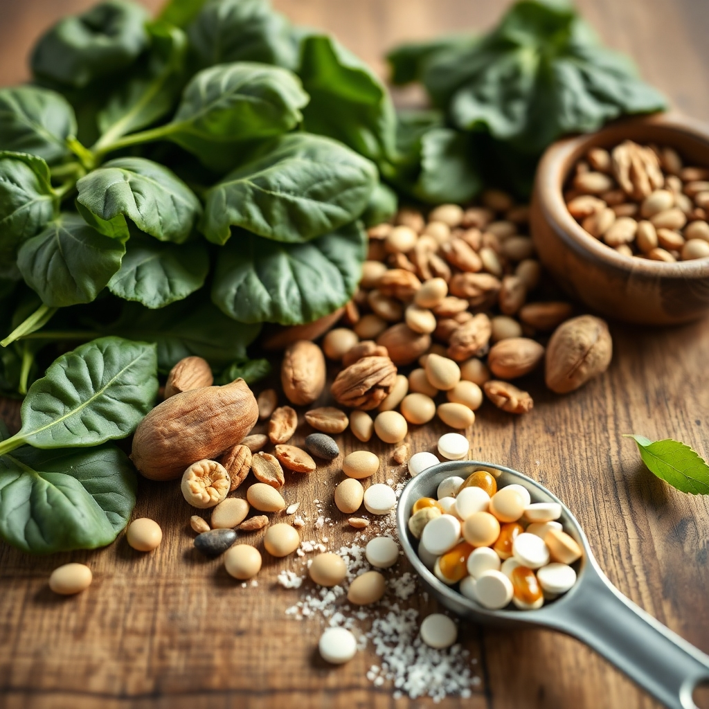 Generate a detailed image of various nutritious foods high in zinc and magnesium, such as spinach, nuts, and seeds, arranged artistically on a wooden table. Include a measuring spoon showing a sprinkle of supplements, emphasizing a health-focused lifestyle.