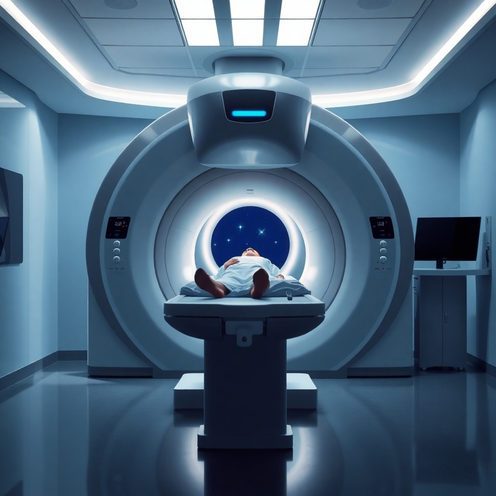 Illustrate a cutting-edge MRI scanning room showcasing a state-of-the-art MRI machine, positioned centrally with a patient comfortably lying on the adjustable table. Use dramatic side lighting to create depth and highlight the intricacies of the machine's design. The color palette should include cool grays and blues, reflecting a clinical environment. Capture the perspective from a low angle to emphasize the imposing architecture of the MRI scanner above the patient. Textures should showcase the metallic shine of the MRI's surface contrasted with the plush padding of the examination table. Add personal touches like a remote control on the table and a dimly lit observation window in the background. Style inspiration can be drawn from the works of David LaChapelle for vivid detail and bold colors. Ensure the image is in 8K resolution and hyperrealistic.