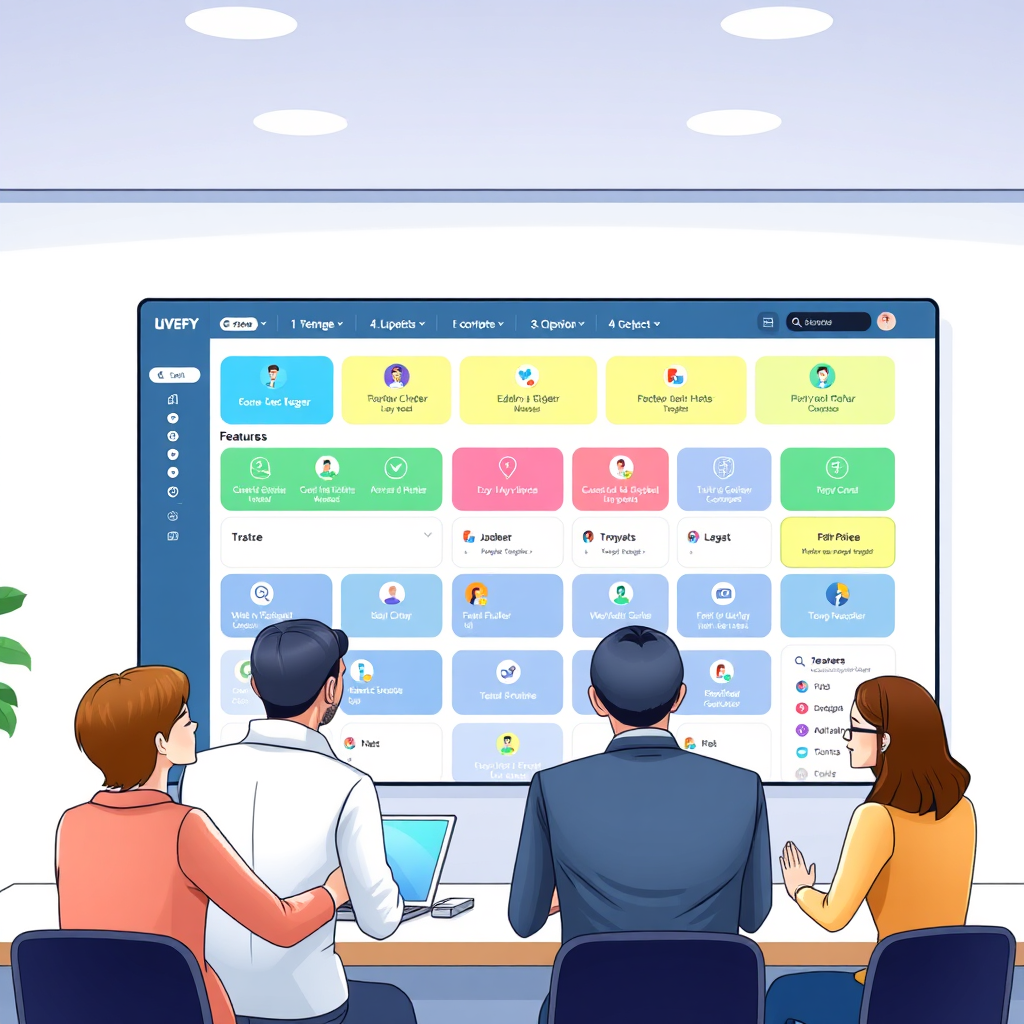 Illustrate a digital dashboard view showcasing a comprehensive marketing tool with various features and functionalities displayed clearly. The setting should feel professional yet inviting, with people from different backgrounds collaborating on the platform. Use a vibrant color scheme with blues and greens to indicate trust and competence. The focus should be on the numerous options available within the platform, and the image should be photorealistic, achieving a clean and modern look overall.