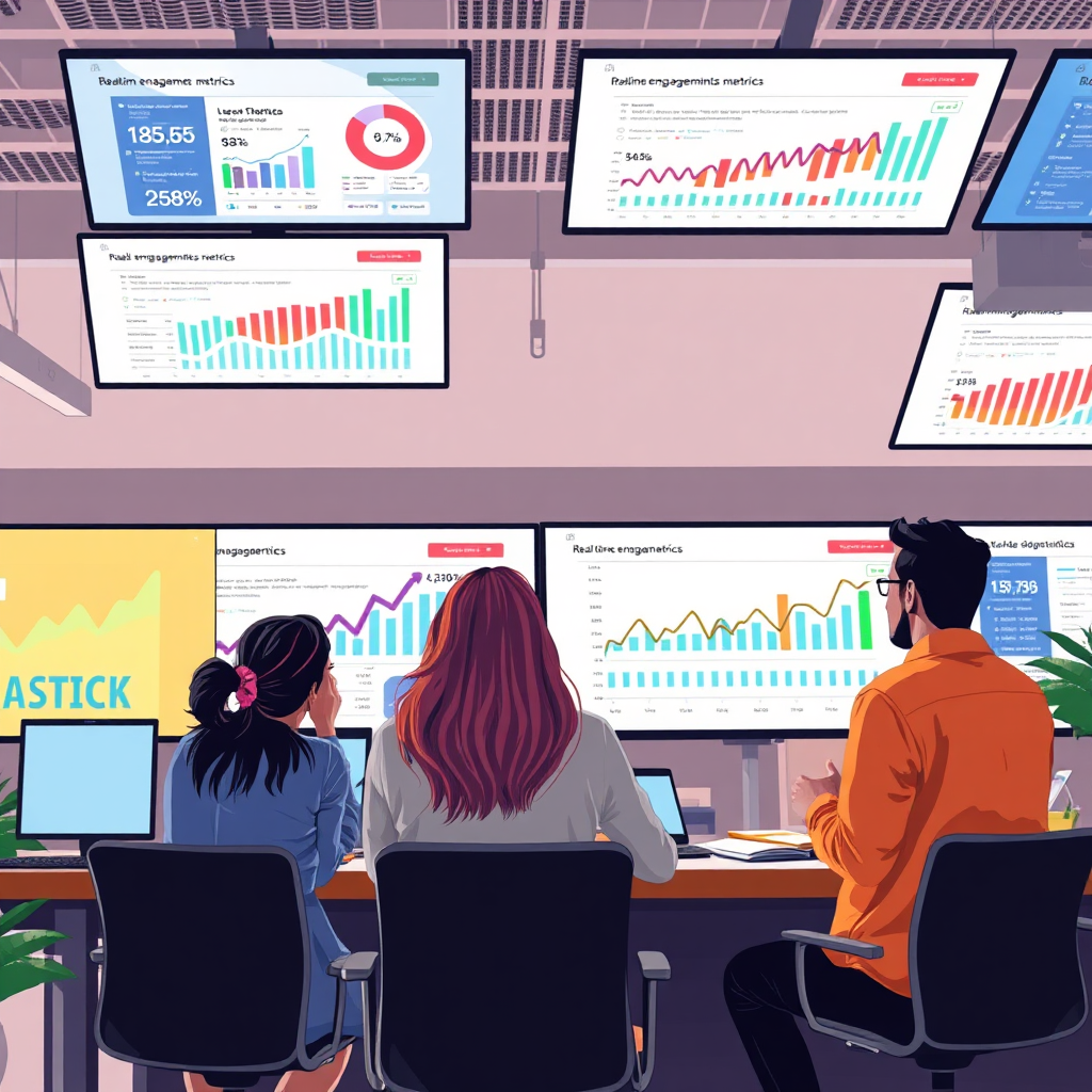Illustrate a modern office with multiple screens showing real-time engagement metrics and graphs representing user interactions. The environment should feel energetic and focused, with colorful visual aids to make the data engaging. A diverse group of marketers is actively discussing strategies with digital devices in hand. Bright, focused lighting should enhance clarity, making the scene feel dynamic and team-oriented. The image must be photorealistic, showcasing clarity in the tech and teamwork as central themes.