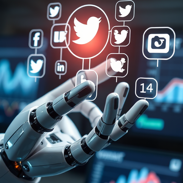 Illustrate the concept of automation with a close-up shot of a robotic hand interacting with social media icons, encapsulating seamless integration in digital marketing. The background should feature bright screens displaying analytics and graphs, with a soft focus to emphasize the interaction. The lighting should be dynamic, creating a sense of liveliness and action, while the color palette includes hints of tech-inspired hues like silver and electric blue. The image must have a modern and sleek aesthetic, designed to feel both futuristic and approachable, in a photorealistic style.