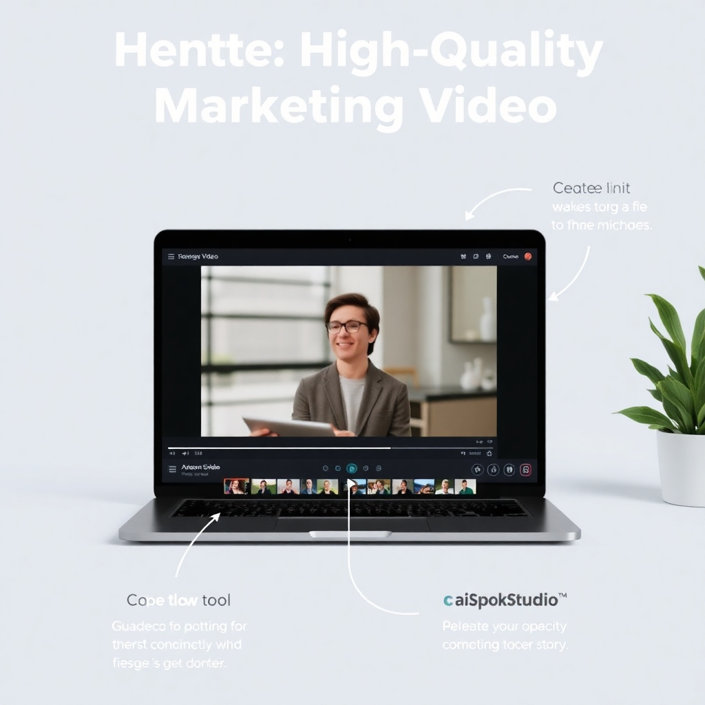 Image depicting the process of creating a high-quality marketing video using AiSpokeStudio's tools and features. Clean and professional style.