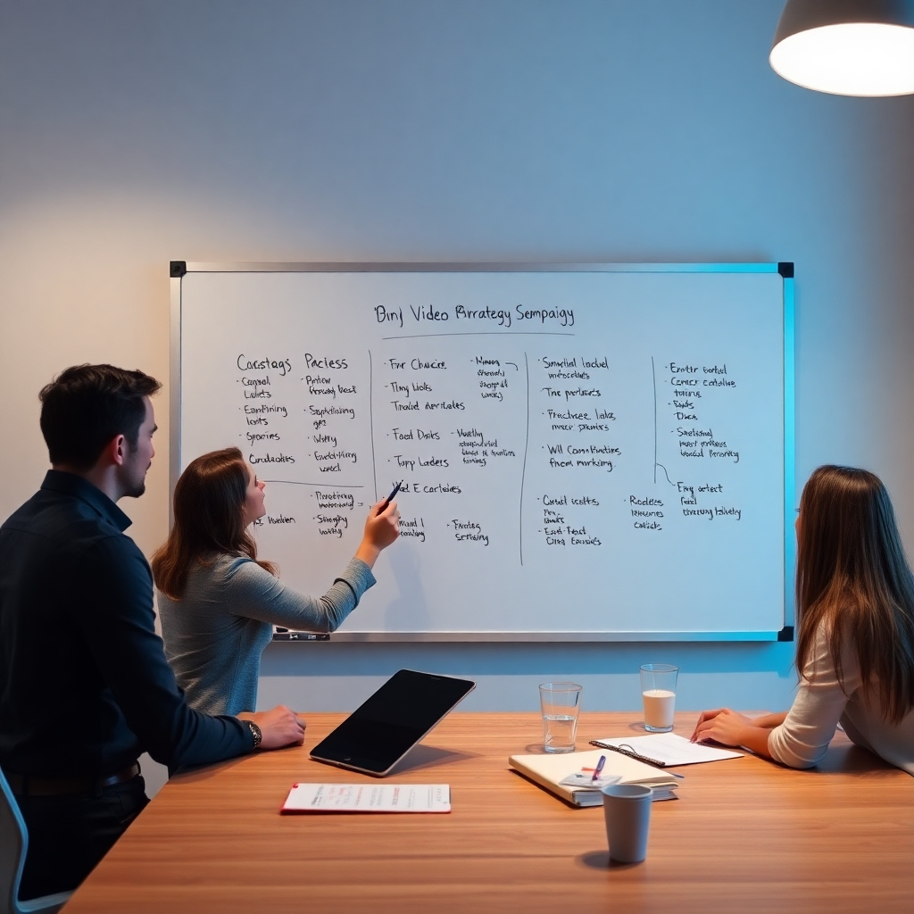 Image of a whiteboard strategy session using AiSpokeStudio to plan video marketing campaign. Emphasis on collaboration and strategy.