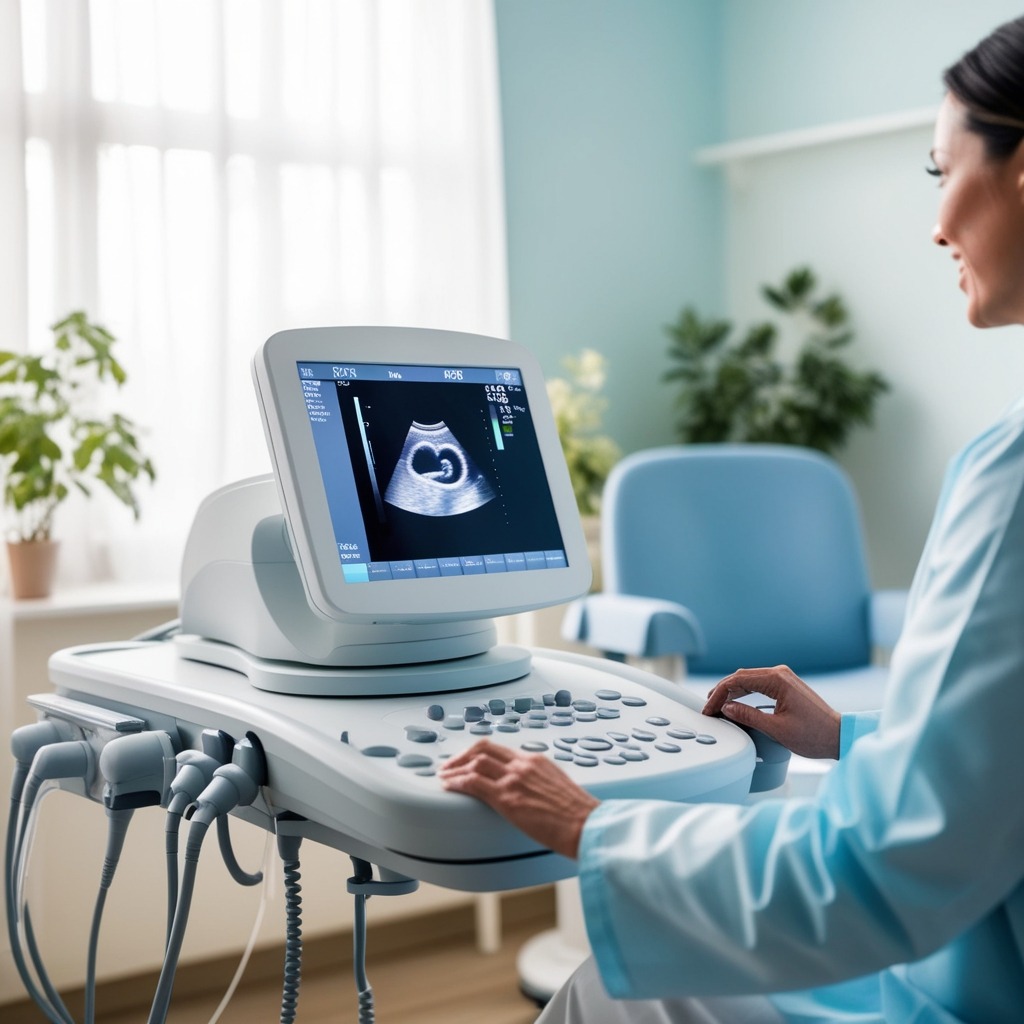 A bright and inviting ultrasound room featuring a modern ultrasound machine displaying an image of a fetus. The room is softly illuminated with diffused natural light streaming through the window, creating a calm and soothing atmosphere. The color palette consists of gentle pastel tones—light blues and soft pinks. The camera angle is positioned at eye level, capturing the technician's focused expression while conducting the scan. Textures include the smooth surfaces of the medical equipment, the soft fabric of the patient’s gown, and the sterile instruments on a nearby tray. In the background, a comfortable patient chair and a plant subtly enhance the ambiance. The photograph is in the style of a clinical yet warm healthcare environment, rendered in hyperrealistic detail. Technical specifications should ensure an 8K resolution, ultra-detailed quality.
