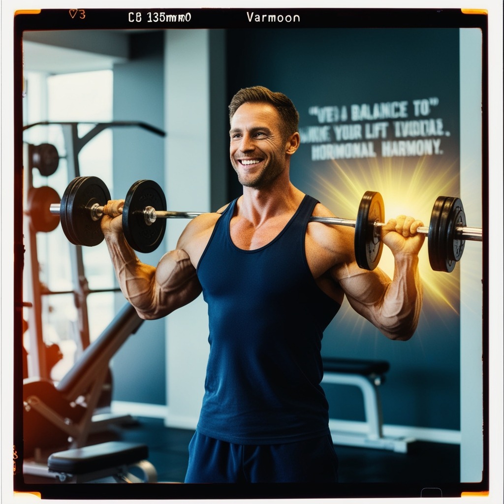 A fit man in a modern gym setting, lifting weights energetically while smiling, with a glowing aura representing balance and hormonal harmony. The background features gym equipment and motivational quotes on the wall, illustrating an active and vibrant atmosphere.