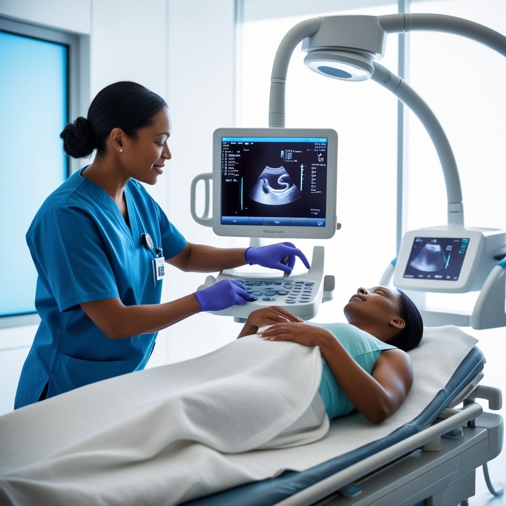 A modern ultrasound room featuring state-of-the-art equipment, with a healthcare professional demonstrating an ultrasound procedure on a patient. The setting should be bright and sterile, showcasing advanced technology and a compassionate healthcare environment.