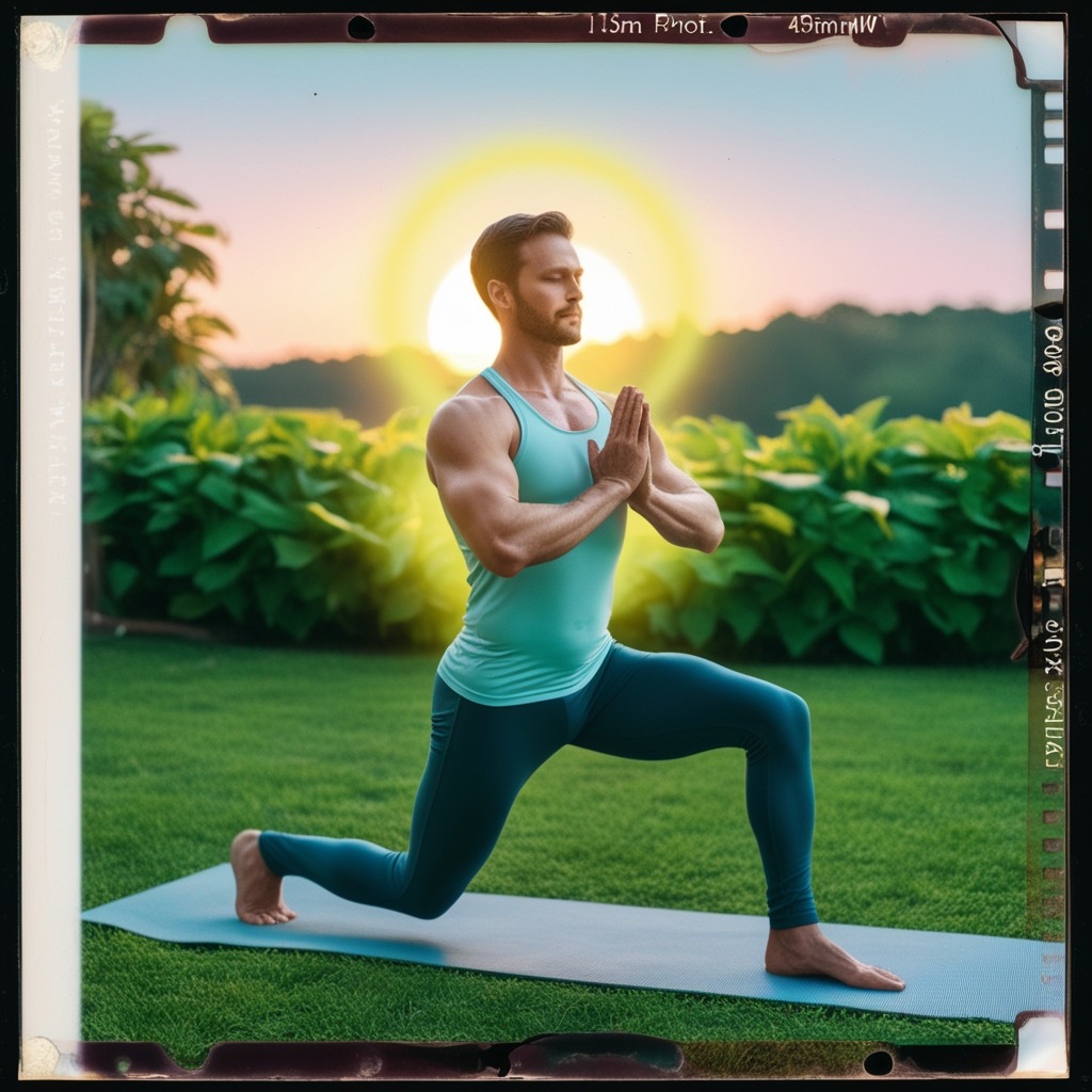 A photorealistic image depicting a man in athletic wear practicing yoga in a serene outdoor setting, with a glowing aura around him symbolizing hormonal balance and vitality. The background features lush greenery and a sunrise, representing a fresh start and energy.