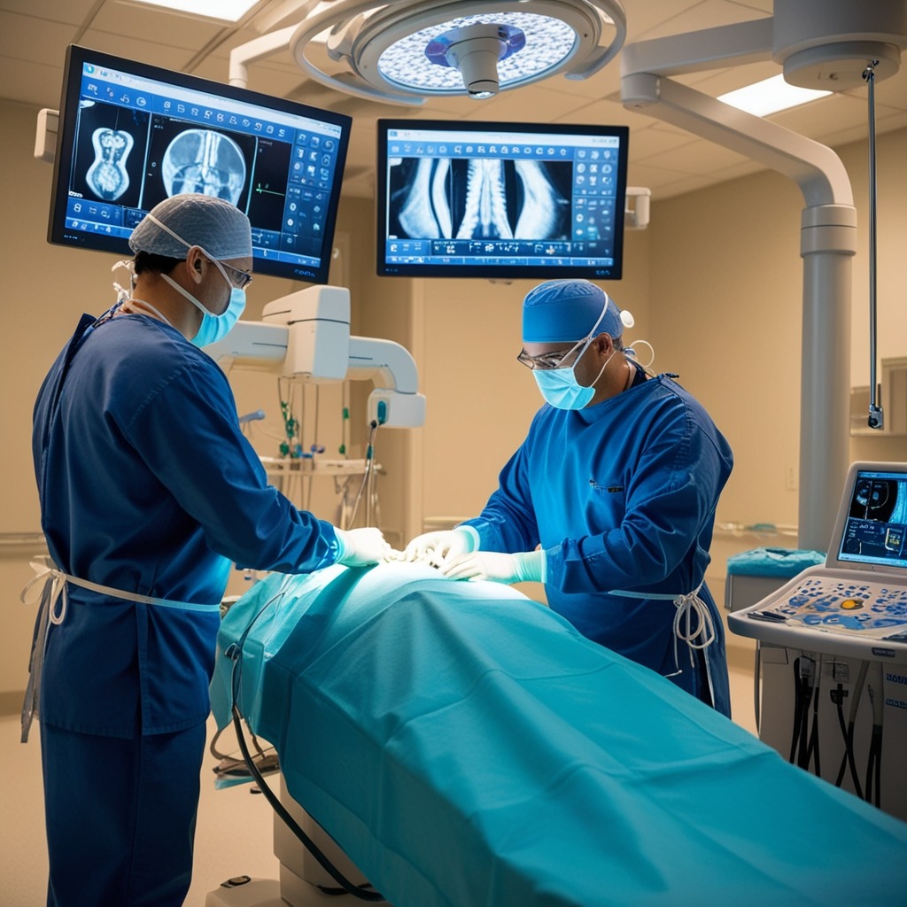 A skilled radiologist performing a non-vascular interventional procedure in a high-tech operating room. The image should highlight the use of advanced imaging technology, with monitors displaying real-time data, creating a blend of clinical expertise and advanced medicine.