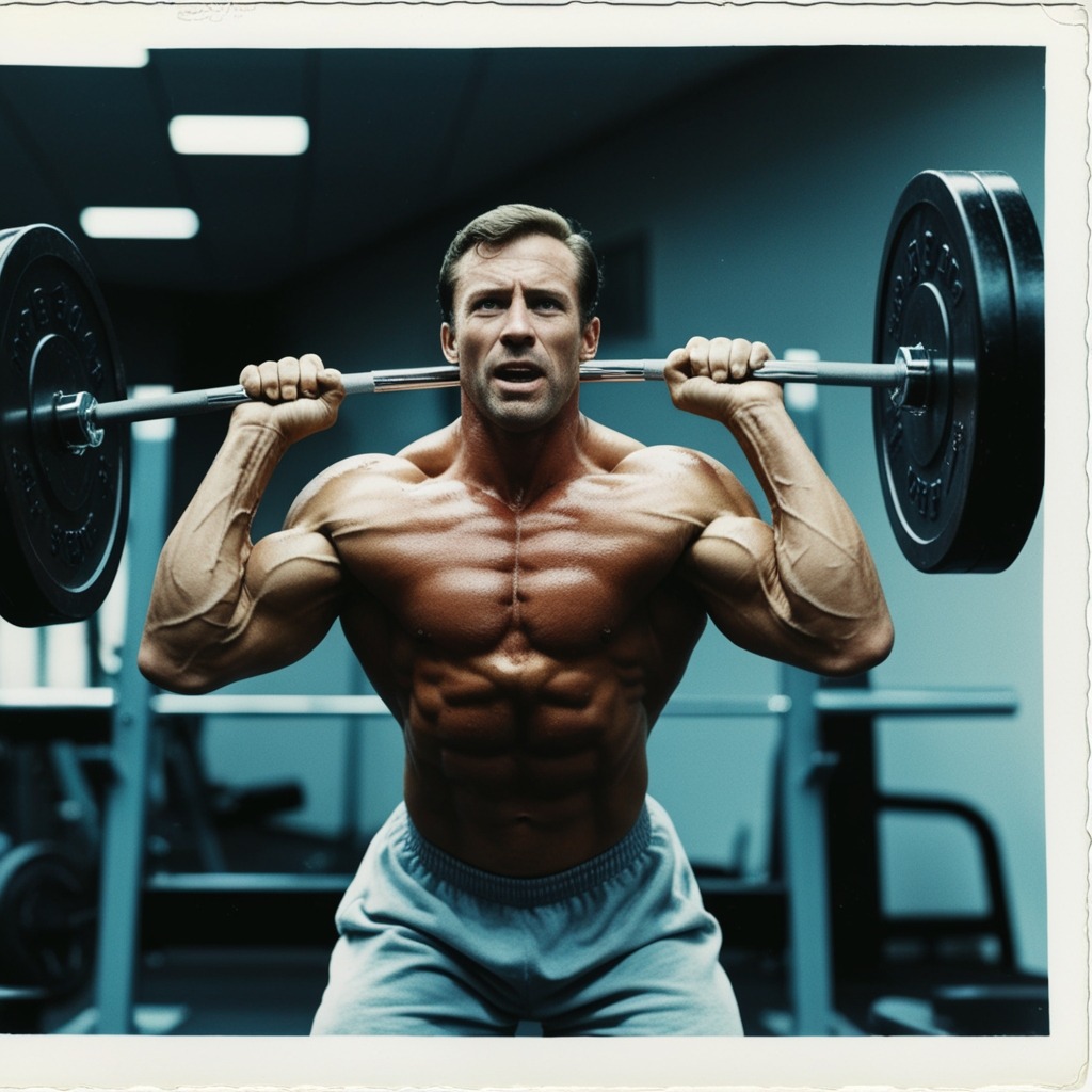 An action shot of a muscular man lifting weights in a modern gym, with a determined expression on his face. The scene captures dynamic movement, emphasizing strength and power, with a focus on the weights being lifted and sweat glistening, symbolizing peak physical performance.