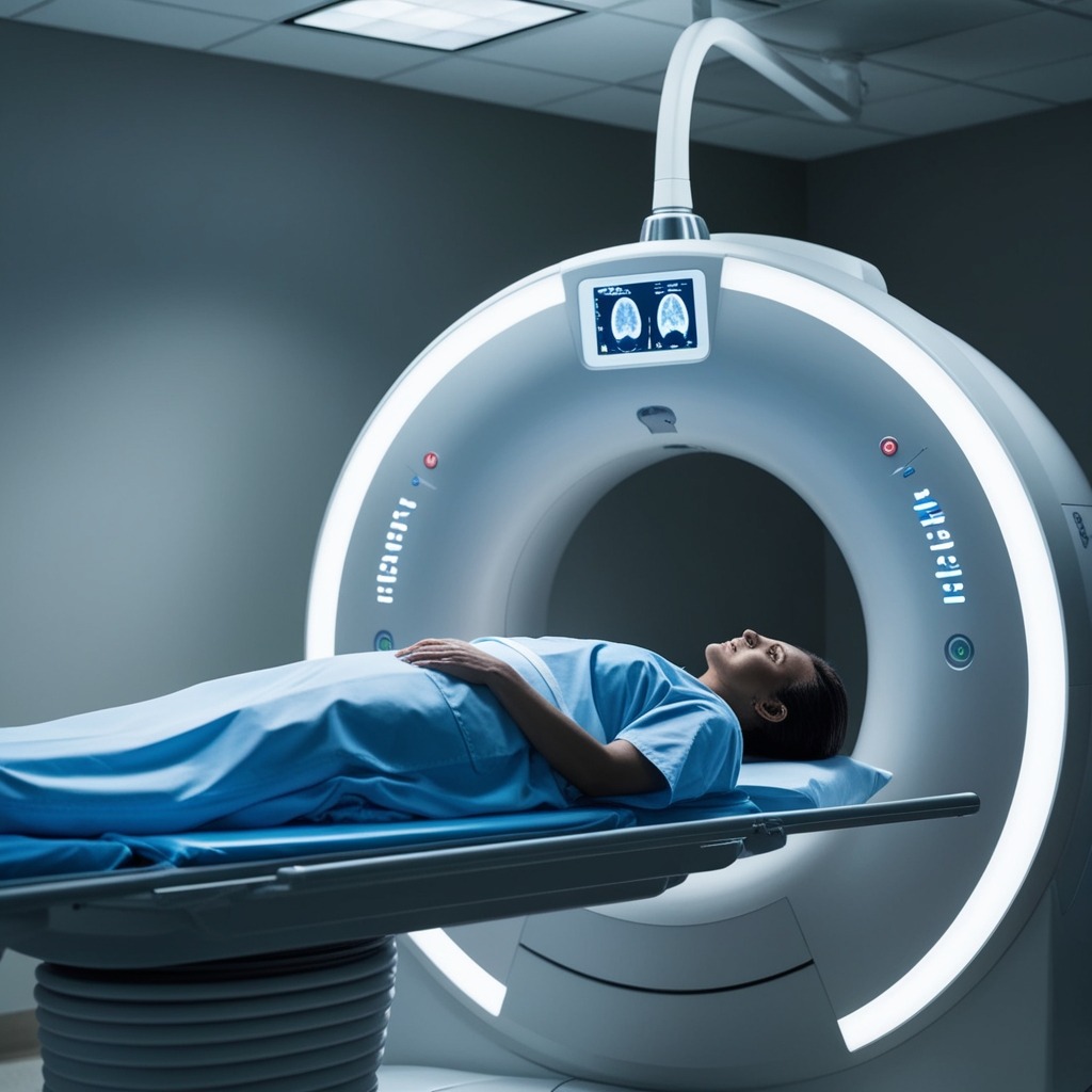 An advanced MRI machine in a clinical setting, with a patient lying on the scanning bed. The room should be dimly lit, focusing on the MRI machine's glowing interface and the serene atmosphere, emphasizing the importance of precision in medical imaging.