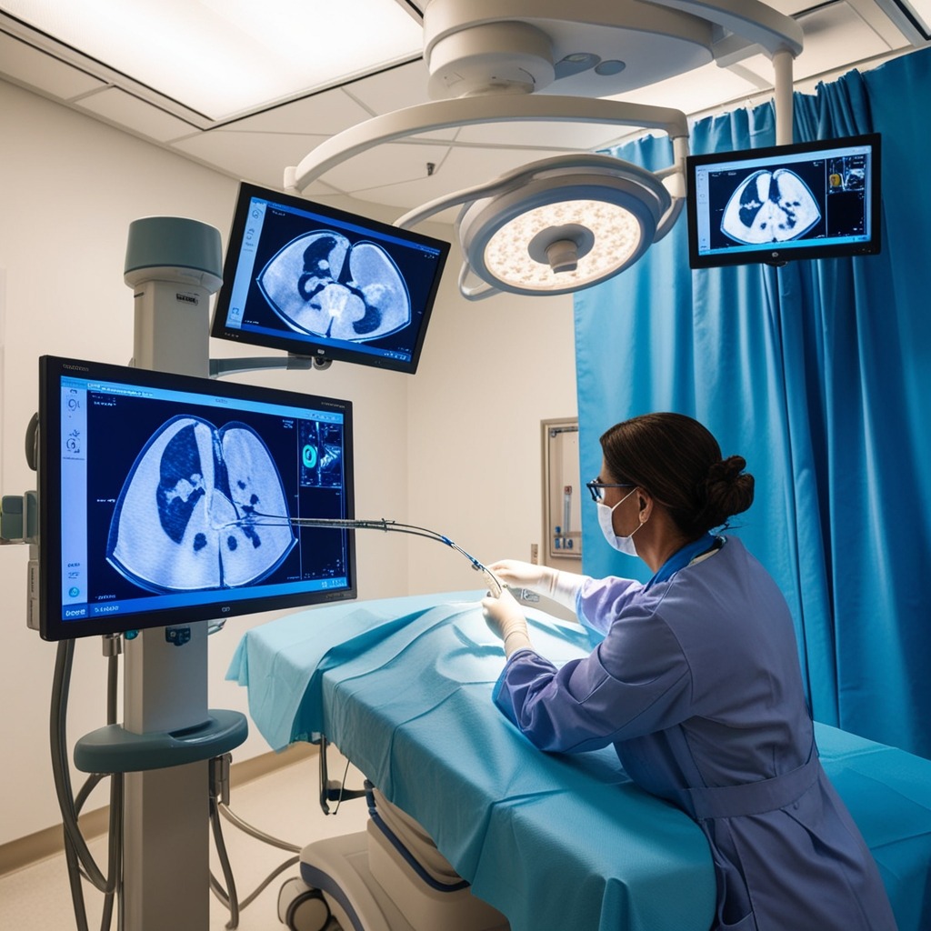 An interventional radiology suite designed for minimally invasive procedures, featuring a radiologist maneuvering a catheter under visual guidance on a high-definition monitor. The room is illuminated with bright, focused lighting to enhance precision, combined with soft ambient lighting for comfort. The color palette blends sterile whites with bold blue surgical drapes, establishing a contrast of clinical professionalism and human warmth. The perspective is from over the shoulder of the radiologist, capturing the intricate movements of their hands and the advanced imaging technology in use. Textures include the smooth surface of the medical equipment and the sterile covering on the table. In the background, detailed images on the monitors reveal the ongoing procedure. Inspired by high-quality medical imaging photography, the image must convey clarity and realism. Ensured in 8K resolution, with hyper-detailed representation of all elements.
