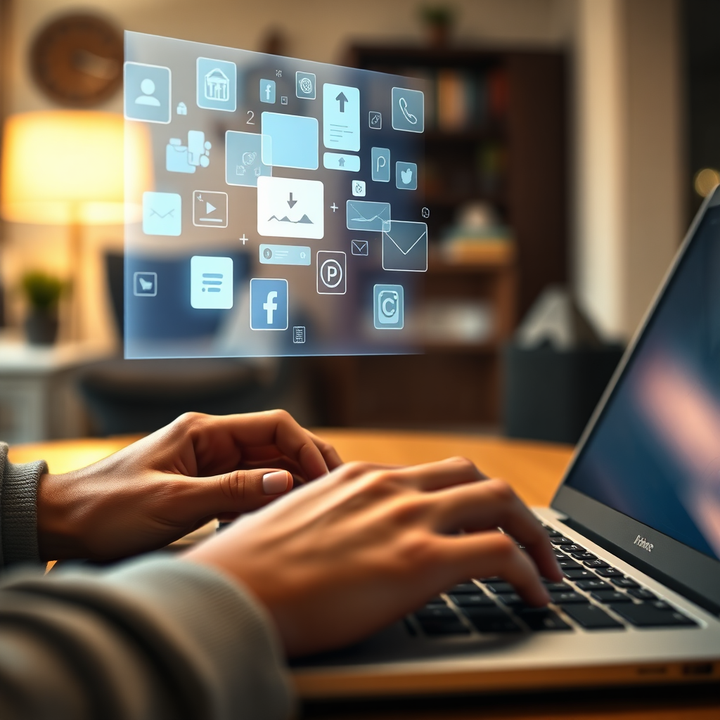 Photorealistic close-up shot of a person's hands typing on a laptop, with a holographic display projecting above the keyboard. The display shows various social media icons and content snippets being generated in real-time. The background is a blurred home office environment with warm lighting. The color palette is muted, with a focus on blues and grays, and pops of color from the holographic display. Camera angle: slightly above and to the side, focusing on the hands and the display. The image should convey efficiency and automation.
