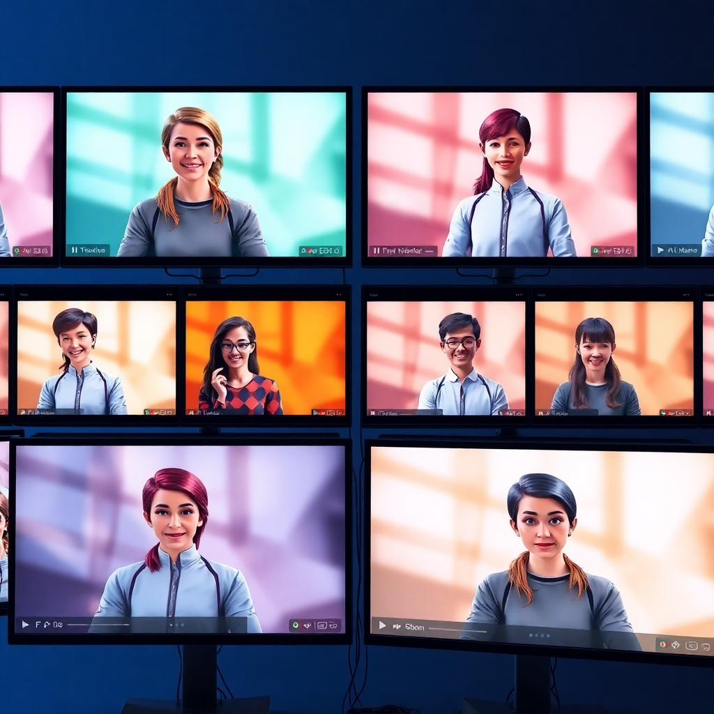 Photorealistic image of multiple screens showing different videos with AI avatars, each tailored for unique platforms. Bright and dynamic aesthetic, emphasizing the platform's adaptability.