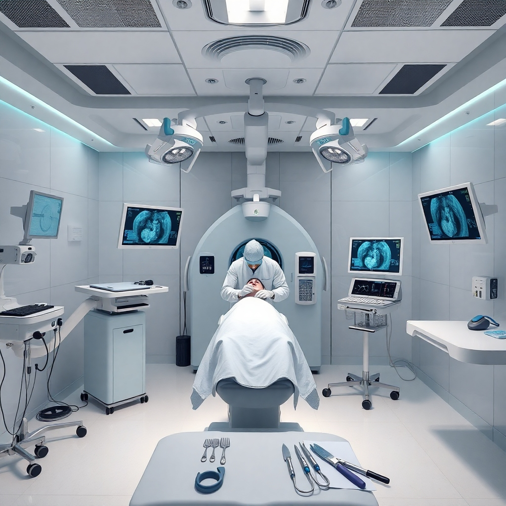 Render an intricate scene from a non-vascular interventional radiology suite, displaying a skilled radiologist performing a procedure using advanced imaging technology. The room should be brightly lit with an emphasis on strong, even lighting focusing on the sterile field. Use a color palette combining crisp whites with hints of teal and silver, evoking a sense of cleanliness and professionalism. Capture a bird's eye view for a comprehensive look at the setup, including the imaging monitors displaying real-time visuals of the procedure. Textures should convey the polished surfaces of high-tech devices, complemented by sterile drapes. Add relevant props like surgical instruments and safety equipment in the foreground. Style reference can be taken from Richard Avedon for its clean and clear depiction of medical procedures. Create the image in 8K resolution and strive for an ultra-detailed presentation.