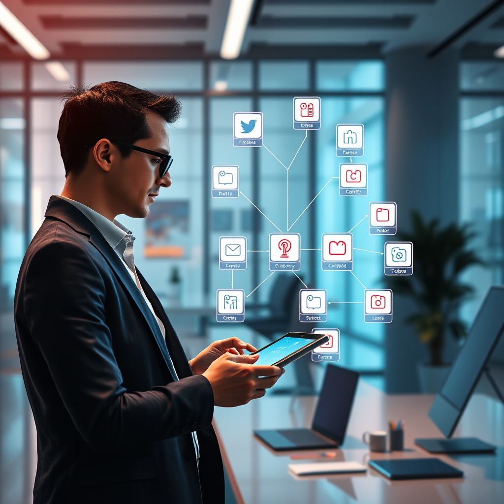 Show a visually appealing automated workflow diagram in a high-tech office setting, highlighting the seamless process of content creation and scheduling. The diagram should include various social media platforms connected by smooth lines and icons in vibrant colors. A person in smart casual attire is interacting with a tablet, analyzing the workflow. The ambient light should promote a vibrant yet professional feel, with a balanced color palette that reflects creativity and efficiency. The image must be photorealistic and detailed with a strong focus on the futuristic elements.
