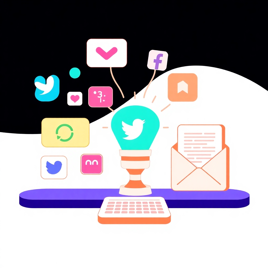 Stylized, graphic illustration depicting seamless integration of Inkflow's AI into diverse platforms (social media, website, email marketing). Use sharp lines, flat design, and bright, contrasting colors. 4K resolution, emphasis on speed and smooth transitions.