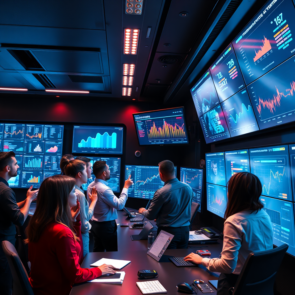 Visualize a high-tech control room filled with screens displaying live social media metrics and advanced AI analytics. The environment should feel sleek and professional, illuminated with modern LED lighting. The color palette can include darker tones with neon accents to emphasize data visualization. A diverse team of marketers is engaged in collaborative discussions, pointing at the insights displayed on the screens. This photorealistic image should evoke feelings of teamwork, innovation, and data-driven decision-making, crafted in hyperrealistic detail.