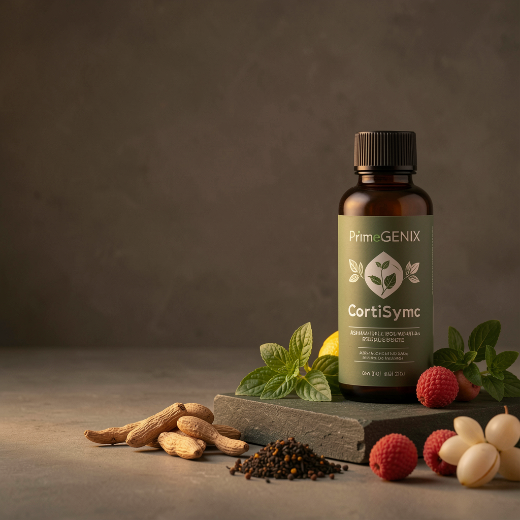 CortiSync bottle surrounded by botanical ingredients