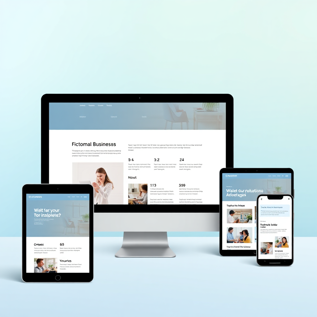 A clean, visually appealing one-page website displayed on a variety of devices (laptop, tablet, phone). The website showcases a fictional business with clear sections and engaging content. The background is a gradient of soft blues and greens. The composition emphasizes the seamless responsiveness of the website. Style: Modern, clean, and professional. Technical specs: Photorealistic, 8K resolution.