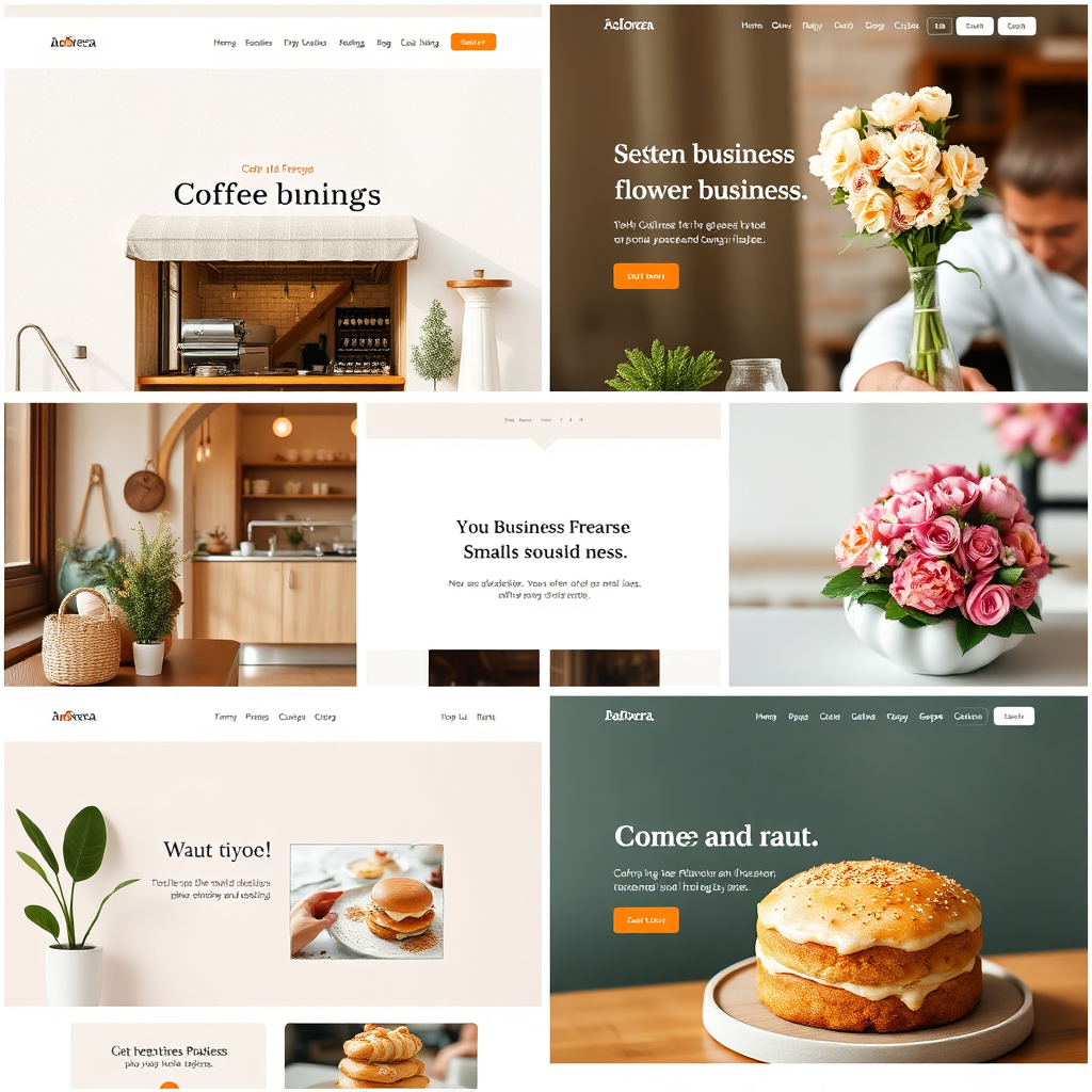 A collage of images representing various small businesses (coffee shop, flower shop, bakery) all using clean, modern one-page websites designed by Adorea Studio. The composition is balanced and visually appealing. Style: Warm, inviting, and relatable. Technical specs: Photorealistic, 8K resolution.